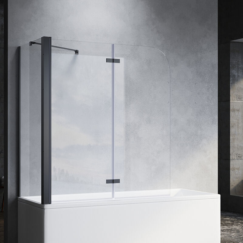 Sonni - Panneau de baignoire noir Paroi pliante en verre pour baignoire Paroi de douche 2 parties H.140xL.120cm,avec paroi latérale 70x140 cm