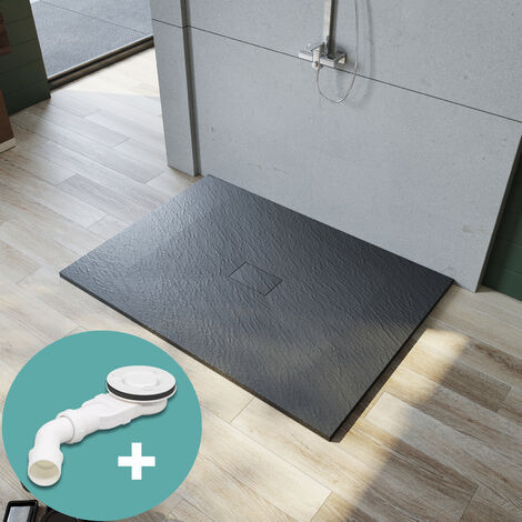 SONNI Piatto doccia 140x100 Piatto doccia piatto SMC con tappo di scarico in acciaio inox e set di scarico antiscivolo design tagliabile Grigio
