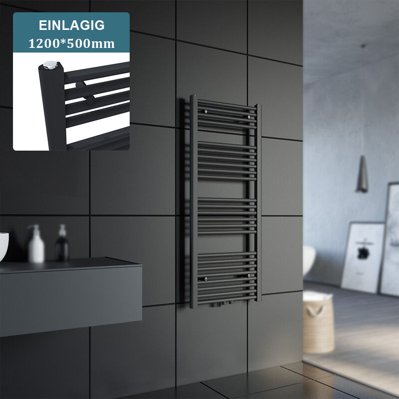 Radiateur salle de bain 1200x500 mm Anthracite Radiateur salle de bain raccord central Radiateur sèche-serviettes - Sonni