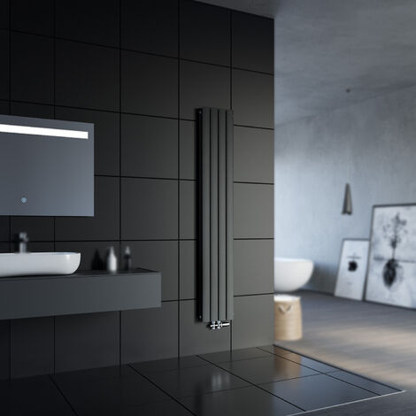 SONNI Radiatore a pannello verticale piatto Antracite Doppio 1800x308mm Radiatore riscaldante con rubinetto multiblocco cromato Radiatore termostatico