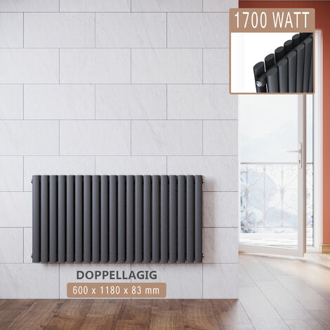 SONNI Radiatore Termosifoni ad Acqua Calda in Acciaio Radiatore a Pannello Bilayer Design Bagno Soggiorno Radiatore Orizzontale Antracite 600x1180mm 1700W