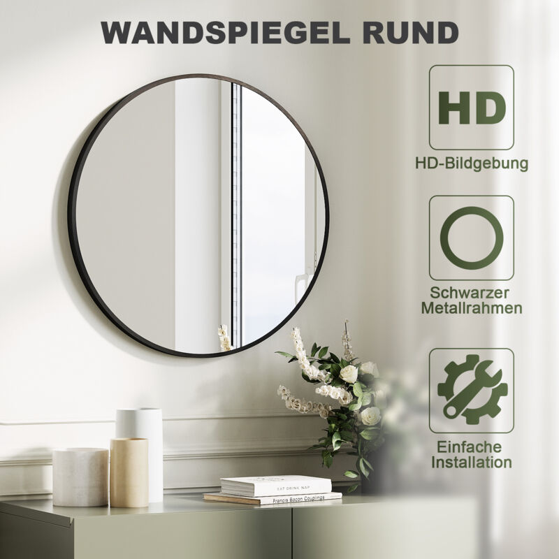 Miroir mural rond de haute qualité avec cadre en aluminium noir pour salle de bain 60x60cm - Sonni