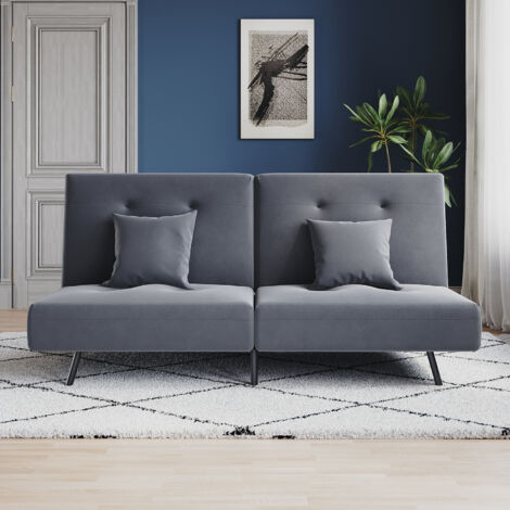 SONNI Schlafsofa mit Doppel-Falt-Design, Eisenbeine, Verstecktem Reißverschluss, Verstellbarer Rückenlehne und 2 Kissen, Dunkelgrau