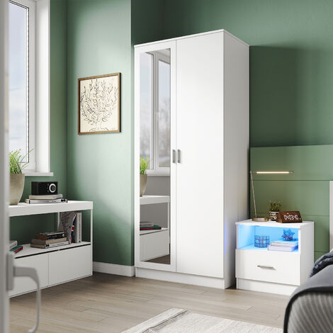 SONNI Schlafzimmermöbel Set Kleiderschrank mit Spiegel und Schubladen und Kommode mit Hochglanz Weiß LED Nachttische