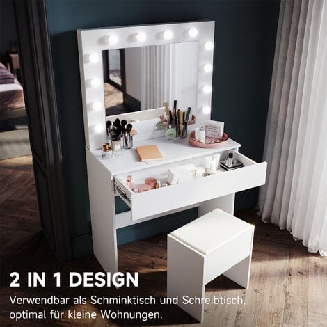 SUNXURY SONNI Schminktisch mit LED-Beleuchtung, Kosmetiktisch mit Spiegel und Hocker, Frisiertisch mit Schublade, 12 LED-Glühbirnen, drei Lichtmodis wechseln, Weiß