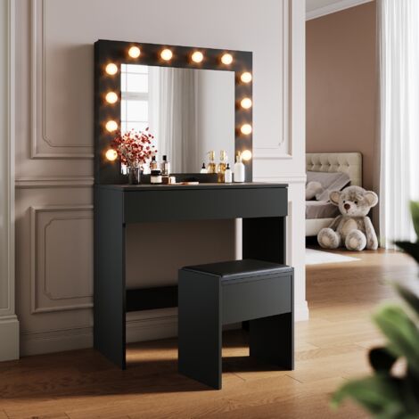 SONNI Schminktisch, Schminkkommode, Frisiertisch, mit Spiegel, 1 Schublade, 1 Hocker, 12 LED-Glühbirnen, Einstellbare Helligkeit, Modern, Schwarz