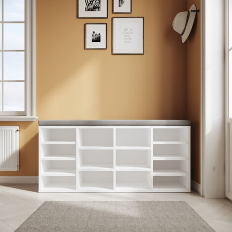 SONNI Schuhkommode Weiß Schuhschrank mit Sitzkissen Verstellbarer 14 Fächer 103.5x30x48cm