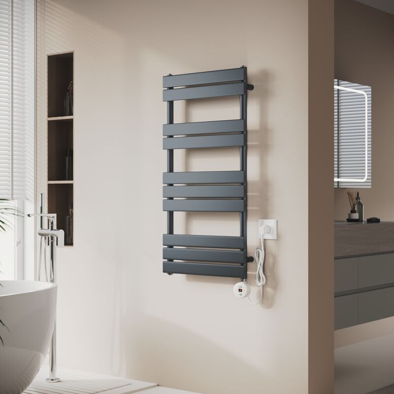 Sèche-serviettes électrique Anthracite avec contrôle de Température wifi Chauffage à distance Radiateur sèche-serviettes plat 1000×500×62mm 600W