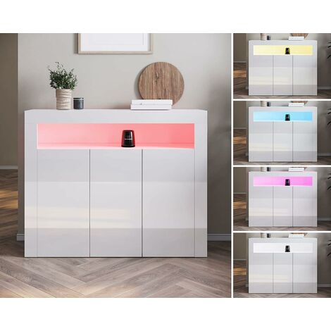 SUNXURY SONNI Sideboard Holz Weiß Hochglanz Industrial mit LED (12 Farben können eingestellt Werden) Beistellschrank mit Drei Schranktüren 116x93x35cm