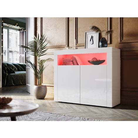 SUNXURY SONNI Sideboard Offen Modern mit LED Beleuchtung Weiss Hochglanz 110 cm Zwei Schranktüren 1080x400x920 mm