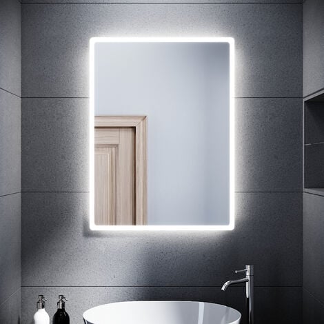 SONNI Specchio da Bagno Illuminato a LED Specchio da Parete da Bagno Moderno Bianco Freddo Impermeabile IP44 a Risparmio Energetico 40 x 60cm