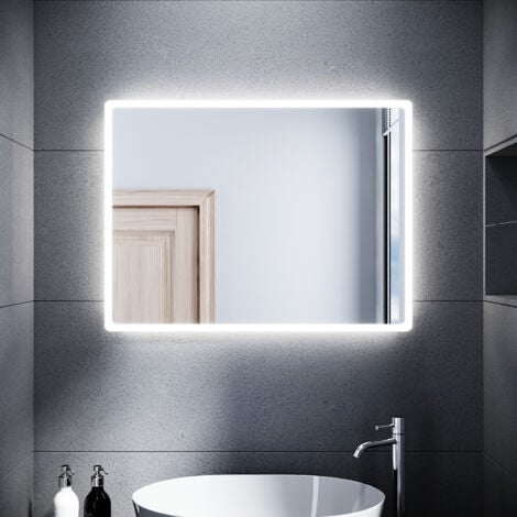 SONNI Specchio da Bagno Illuminato a LED  Specchio da Parete da Bagno Moderno  Bianco Freddo Impermeabile IP44 a Risparmio Energetico 80 x 60cm