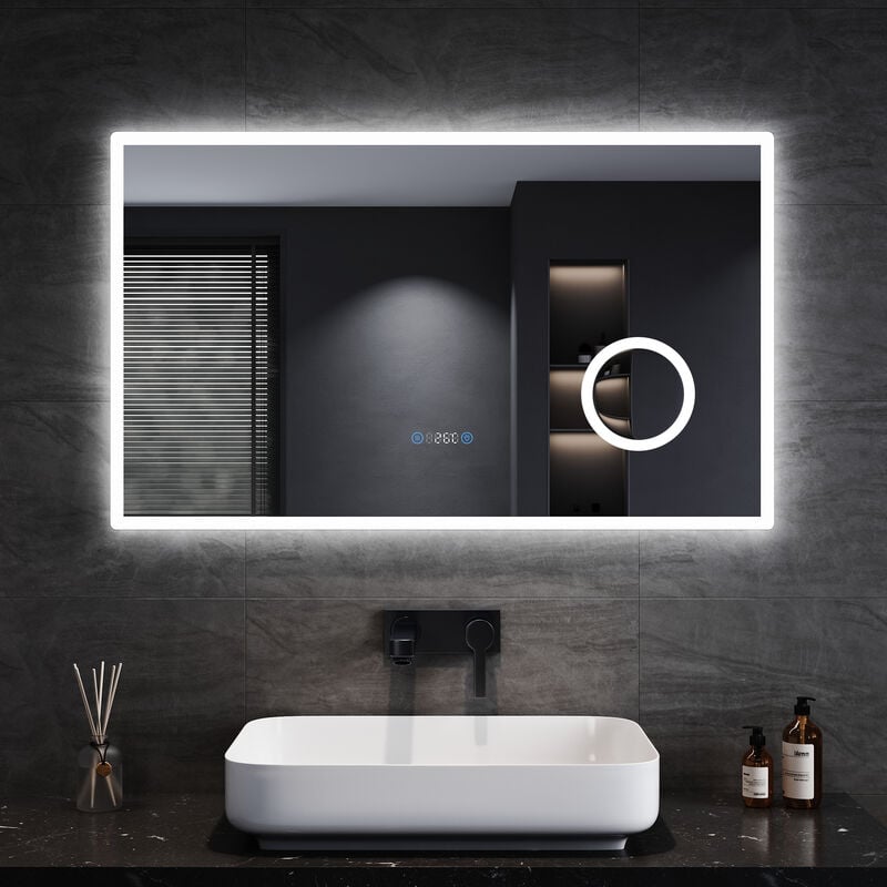 Sonni - Specchio da Bagno led con Ingrandimento 3x e Illuminazione Specchio con Orologio Digitale Specchio da Bagno Antiappannamento 100x60cm