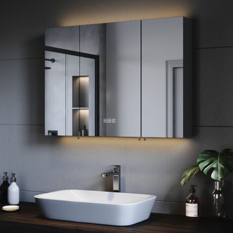 SONNI Spiegelschrank Bad mit Beleuchtung und Steckdose LED Spiegelschrank mit Touch-Schalter, 3 Einstellbare Lichtfarben Beschlagfrei, 3 Türiger Spiegelschrank 90×65 cm