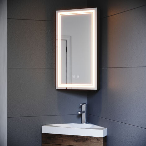 SONNI Spiegelschrank Bad mit Beleuchtung und Steckdose LED Spiegelschrank mit Touch-Schalter, 3 Einstellbare Lichtfarben Beschlagfrei, Eckausführung 38.5x70 cm