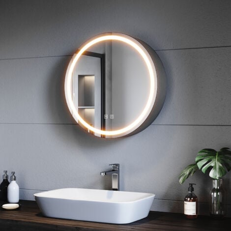 SONNI Spiegelschrank Bad mit Beleuchtung und Steckdose LED Spiegelschrank mit Touch-Schalter, 3 Einstellbare Lichtfarben Beschlagfrei, Rund Spiegelschrank 60×60 cm