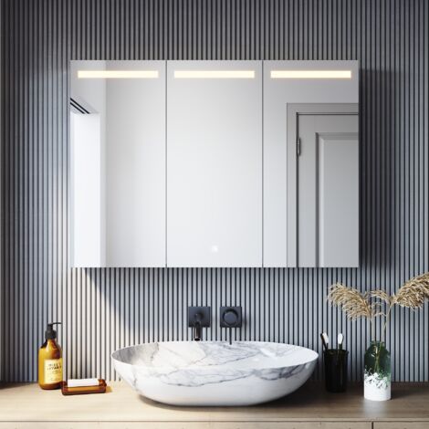 SONNI Spiegelschrank mit LED Beleuchtung 90x65cm Badspiegel Touch Steckdose Edelstahl Kabelloses Scharnier Design, 3 Lichtfarben Dimmbar Dreitüriger Spiegelschrank