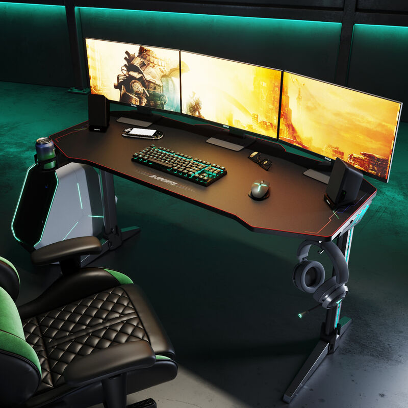 SONNI Gaming Table LED 140x60x75cm avec porte-boisson & porte-casque Table d'ordinateur noire avec tapis de souris 900x566mm