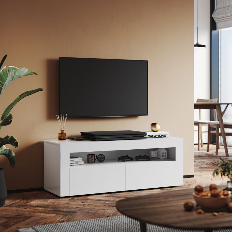 Sonni - Meuble tv led 120x40x45cm Avec 2 Compartiments et 1 porte en bois Blanc Armoire Basse avec éclairage led Brillant Armoire tv