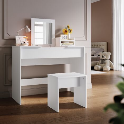 SONNI Tocador con Espejo Mesa de Maquillaje y Taburete Plegable Cajón Oculto Tocador Moderno - Blanco 100x45x76cm