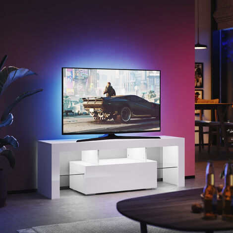 SONNI TV Board Weiß 130cm breit mit 12 Led Farben Beleuchtung Glasböden Hochglanz Fernsehschrank mit Schranktüren