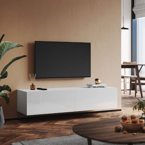 SONNI TV Lowboard blanc brillant suspendu/supporté 140cm,2 abattants,moderne armoire suspendue deux possibilités de montage