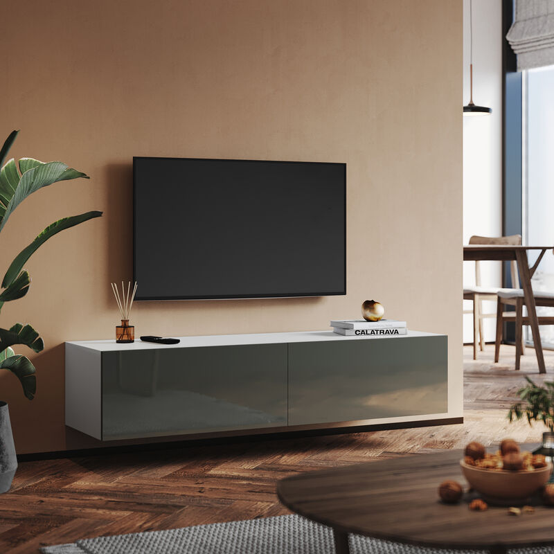 Sonni - TV Lowboard Grau Hochglanz hängend/stehend 140cm,2 Klappen,Modern TV Schrank Hängeschrank