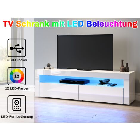 SUNXURY SONNI TV Lowboard Weiß Hochglanz mit 12 LED Farben Beleuchtung,Eine offene Ablage und 2 Schranktüren, 120x40x45cm