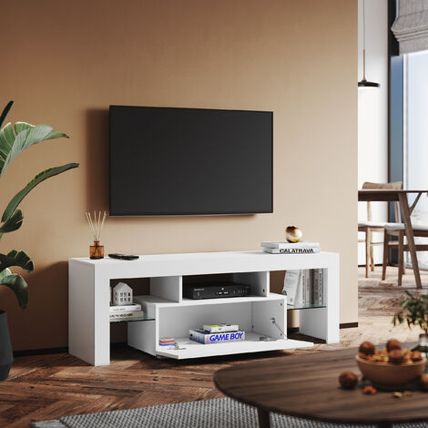 SONNI TV Schrank mit LED Beleuchtung Hochglanz Lowboard Weiß,Glasböden,mit Schranktüren,130x35x45cm