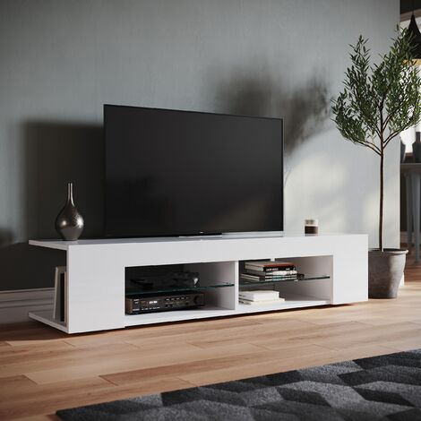 SONNI TV Schrank mit LED Beleuchtung Hochglanz Lowboard Weiß,Glasböden,ohne Schranktüren,135cm breit