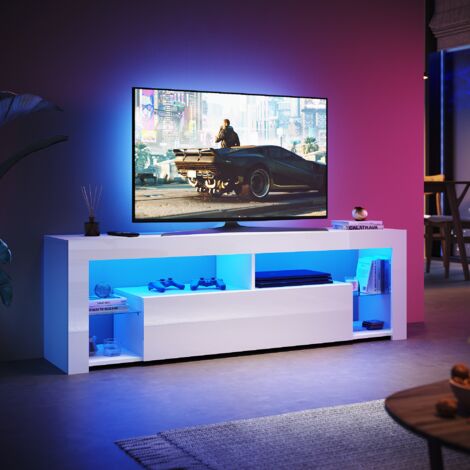 SONNI TV Schrank mit LED-Lichtern, Offenes Glasregal und Griffloses Design herunterklappbarem Türfach, Stand TV Board Hochglanz, Weiß, 1600 x 350 x 505 mm