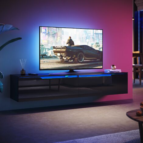 SONNI TV Schrank mit Schublade und Verstellbaren LED-Lichtern, Griffloses Design, Wandmontage/Standmontage, Modern Hochglanz TV Board, Schwarz, 1600 x 350 x 300 mm