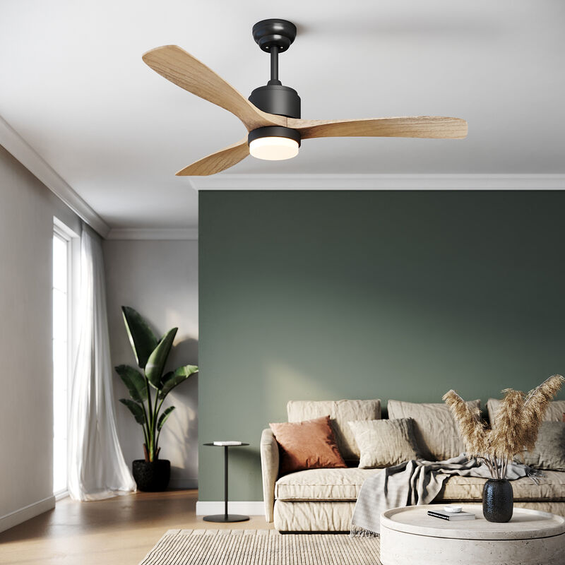 Ventilateur de plafond avec éclairage 3 pales 5 niveaux de puissance fonction de réserve - 132cm noir bois - Sonni