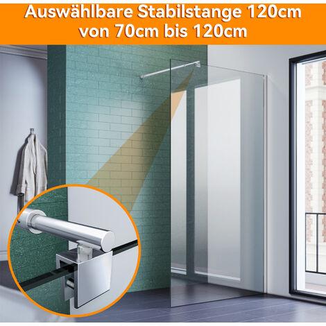 SONNI Walk in Dusche Duschwände Duschwand Duschabtrennung NANO 8mm Klares Sicherheitsglass 100x200cm mit ausziehbar Stabilisator 70-120cm