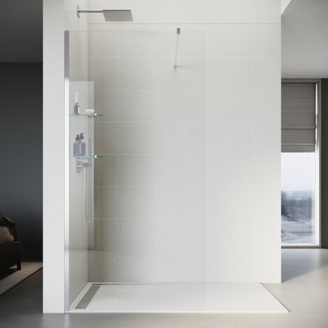 SONNI Walk-In Duschwand aus 8 mm Klarglas mit Zwei 8mm Dreieckigen Glasablagen und 100 cm Stabilisierungsstange, 100 x 200 cm