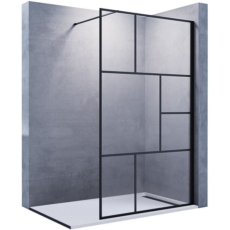 Walk in Parois de douche noir mat Cabine de douche avec nano-revêtement verre avec barre de support 100x200cm 8mm verre-noir croisillons - Sonni