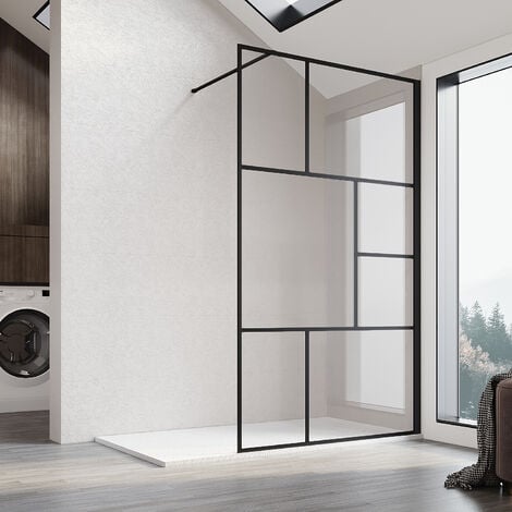 SONNI Walk In Parete Per Doccia Vetro Temperato Anticalcare da 8mm Serigrafato Nero con Riquadri Barra Stabilizzatrice da 120cm Nero Opaco 100x200cm