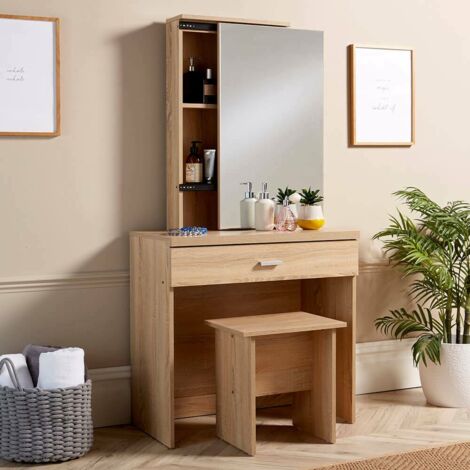 Sonoma Oak Dressing Table Set With Sliding Storage Vanity Mirror and Stool