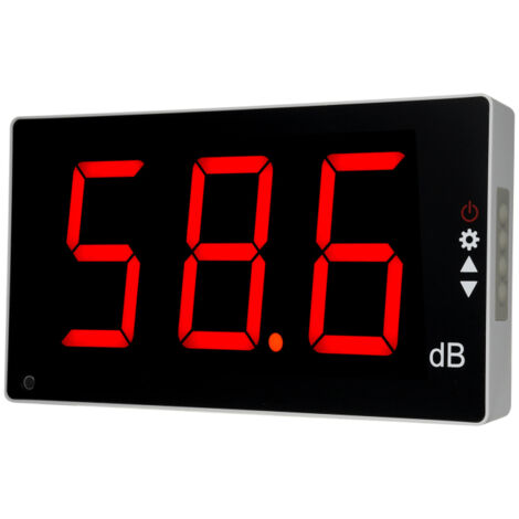 Sonómetro digital de pared con gran pantalla LCD, mide de 30 a 130 dB, alarma sonora y monitorización de ruido.