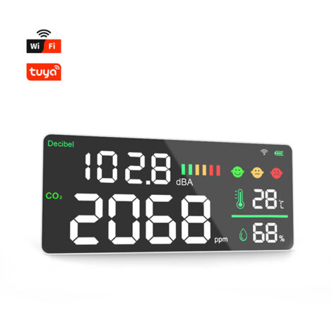 Sonómetro digital Tuya WiFi de montaje en pared con detector de decibelios, dióxido de carbono, temperatura y humedad, 4 en 1, para la calidad del aire ambiente del hogar.