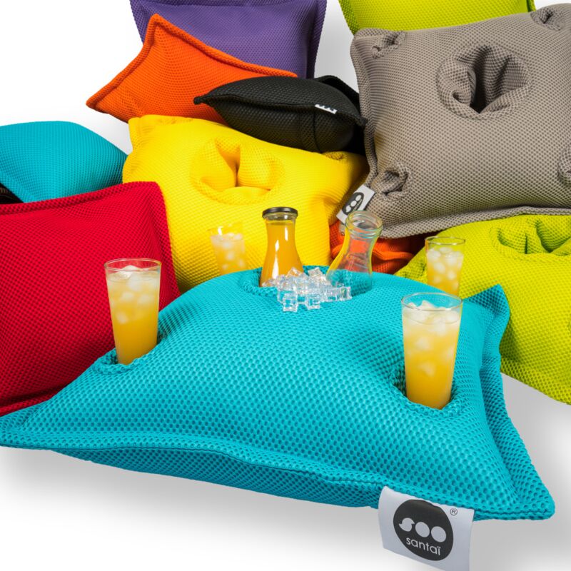 Soo Santaï - Pool Party coussin bar 75x75x25cm, 4 trous verre et 1 trou bouteille, resistant aux uv, Turquoise, sans polystyrène