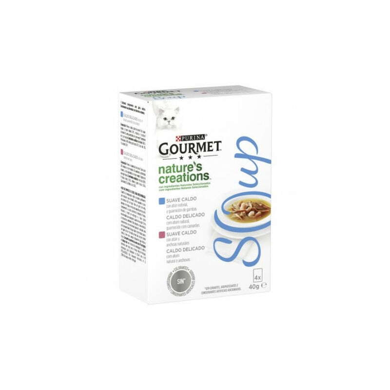 

PURINA Nature's Creations Soup atún natural servido con gambas y atún natural y anchoas Pack 4 x Bolsa de 40 gr - Gourmet