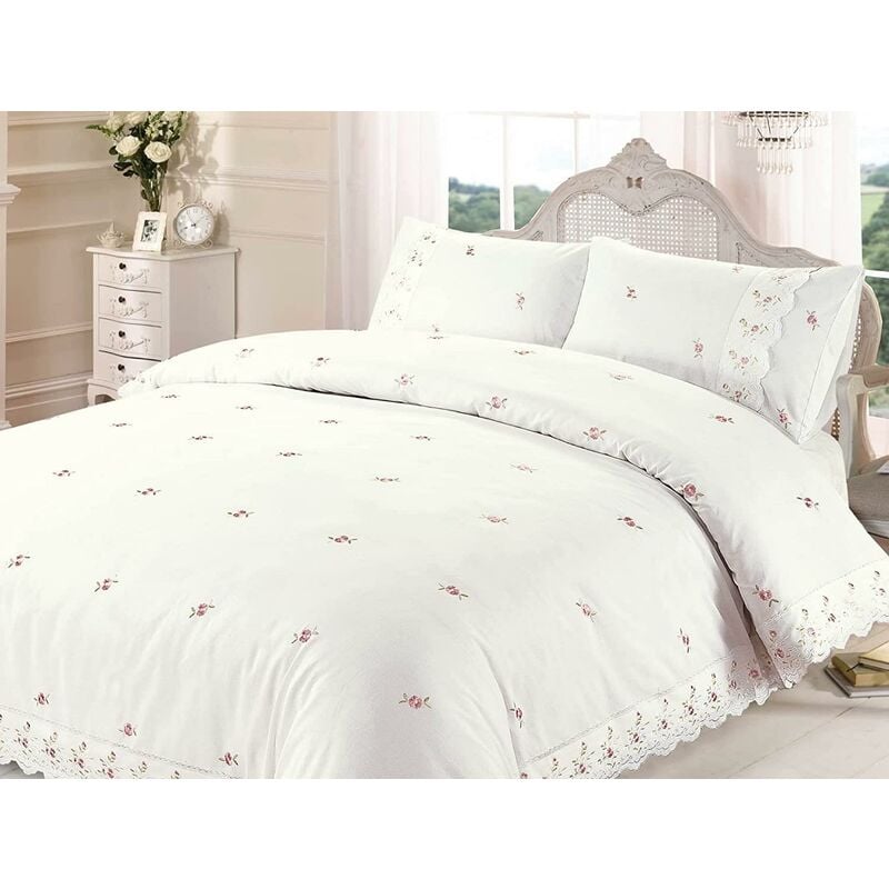 Sophie Duvet Quilt Cover Floral Lace Trim Embroidered Bed Set, Polyester-Cotton, Cream, King