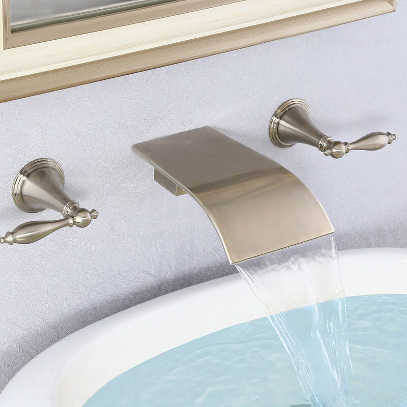 Sophisticated Wall-Mounted Two-Handle Lavatory Faucet with Cascading Spout in Brushed Nickel