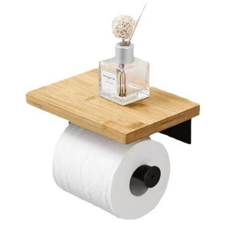 Soporte adhesivo negro para papel higiénico con estante de bambú, portarrollos, soporte de pared sin necesidad de taladrar, acero inoxidable.
