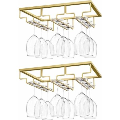 Soporte colgante para copas de vino, paquete de 2, soporte colgante para copas de vino, estante para copas de vino con 3 rieles para debajo del estante, vitrina, soporte de pared cromado, barra de coc