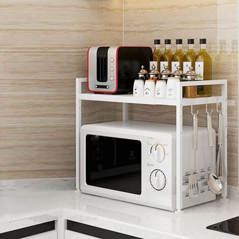Soporte de 2 niveles para microondas con 3 ganchos, acero inoxidable, blanco, 16,9 x 12,7 x 18,8 pulgadas