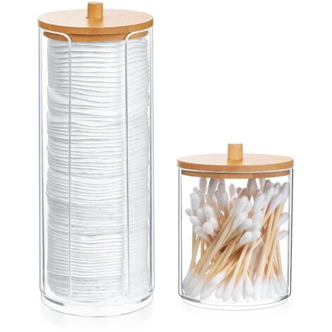 Soporte de 2 piezas para hisopos de algodón, caja de almacenamiento para bolas de algodón y tampones, dispensador organizador con tapas de bambú para bolas de algodón, hisopos de algodón, baño