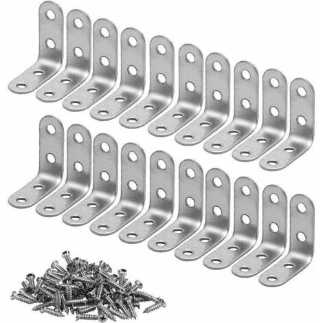 Soporte de acero inoxidable, 20 unidades, soporte de esquina de metal con tornillos, soporte de fijación para estantes de madera, muebles, sillas, mesas y puertas, 40 x 40 mm.