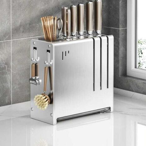 Soporte de acero inoxidable para cuchillos de encimera de cocina con cilindro para palillos – Organizador multifuncional 22,51124 cm